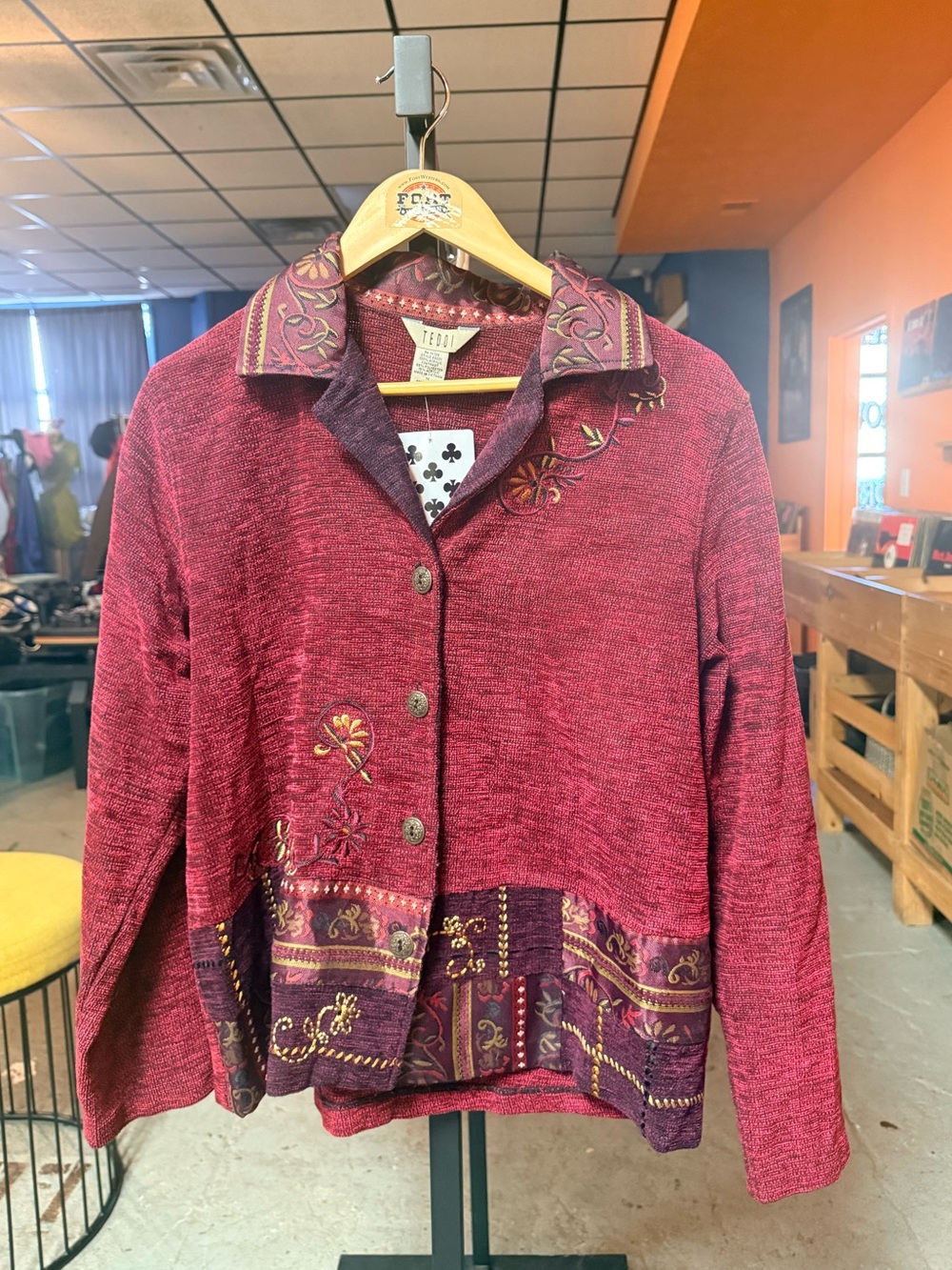 Teddi Burgundy Red Embroidered Button-Front Cardigan